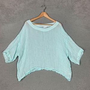 J.Jill Shirt Womens X-Large Teal Blue 100% Linen Sheer Mesh Lagenlook Coastal